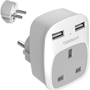 TESSAN UK to EU Euro Europe Travel Adapter with 2 USB Ports - Grounded European Power Plug Adapter for Germany France Iceland Poland Spain Russia and More (Type E/F)