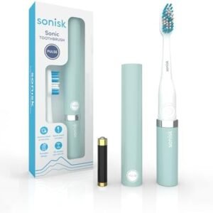 Sonisk Pulse | Battery Powered Electric Toothbrush | Portable Travel Size with Antimicrobial Sonic Technology | 1x Battery, 2X Brush Heads, 1x Travel Case Included (Teal)