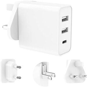 Travel Adapter, UK to EU European USA Plug Adapter Fast Charger, Universal 3-Ports Worldwide Multiport USBC Wall Adapter for Phone, Android Samsung, Germany France Spain Europe Euro US