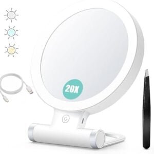 B Beauty Planet Magnifying Mirror with Light 20X/1X,Double Sided Tabletop Mirror with Adjustable Folding Handle,Cosmetic Mirror for Makeup/Travel, Tweezing, and Blackhead/Blemish Removal.