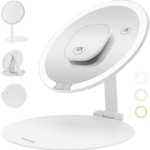 TPCHOIE Travel Make up Mirror with Light and 10X Magnification,8” Portable Vanity Mirror with Folding&Angle Adjusting Stand,Rechargeable Makeup Mirror with 3 Light Colors&Stepless Dimming