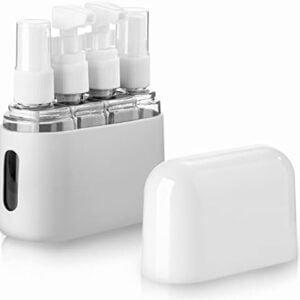 Madenia Travel Bottles Set Toiletries 50 ML Clear Air Travel Size Bottle 4 PCS Leak Proof Travel Liquid Containers for Cosmetic with Label and Storage Box, Grey