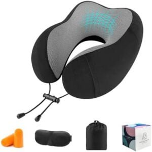 CNMTCCO Travel Pillow - Comfortable Neck Pillow for Travel, Memory Foam Neck Pillow Head Support Soft Pillow for Sleeping Rest Airplane Car & Home Use, with Ear Plugs, Eye Mask & Carry Bag (Black)