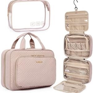 BAGSMART Toiletry Bag Hanging Travel Organizer with TSA Approved Transparent Cosmetic Bag and Detachable Makeup Pouch For Full Sized Toiletries, Medium-Pink