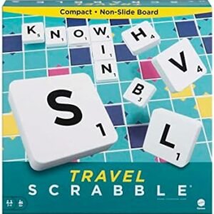Mattel Games Scrabble Travel Game, Portable and Compact, 2-4 Players, Includes Playing Board, 4 Racks, 100 Letter Tiles, a Tile Bag, and Rules, 10Y+, CJT11(Packaging May Vary)