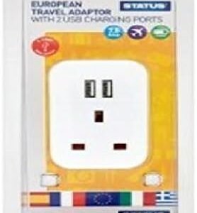 STATUS UK to EU European Plug with USB Port Adapter | 3 Pin to 2 Pin European Travel Adaptor | White 2 Port USB Adapter Plug | A2USBTEURO ST-85