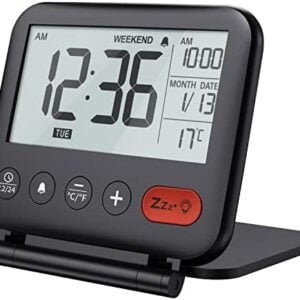 NOKLEAD Digital Travel Alarm Clock – Mini Portable LCD Display Clock with Backlight Calendar Temperature Snooze 12/24H Makeup Mirror, Small Folding Battery Operated Desk Clock for Kid Bedroom (Black)