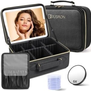 JUSRON Travel Makeup Bag-Cosmetic Bag/Makeup Organizer Bag with Lighted Mirror 3 Color Scenarios Adjustable Brightness, Detachable Waterproof Makeup Train Case