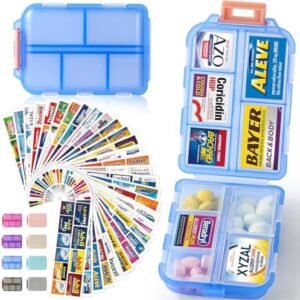Travel Pill Organizer Box w/ 300 Brand Labels & 28 White Labels - Small Pill Case Medicine Kit - Portable Pocket Purse Pharmacy - Daily Weekly Vitamin Supplement Medication Holder - Translucent Blue
