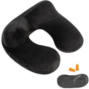Inflatable Travel Pillow - 100% Soft Velvet Neck Support for Traveling, Airplanes, Trains, Cars, and Offices with Compact Carrying Bag, Breathable and Washable Cover, Ideal for Adult Sleepers -Black