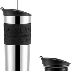 BODUM Travel French Press Coffee Maker Set, Stainless Steel with Extra Lid, Vacuum, 350 ml/12 oz, Black