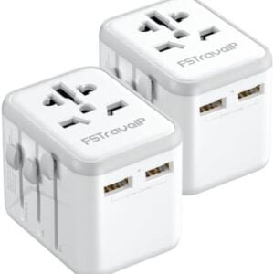 2 Pack Universal Travel Adapter, Travel Plug Adapter Worldwide with 2 USB and 1 AC Socket, FSTravelP International Travel Adapter for EU, USA, UK, Australia, Universal Plug Adaptor for Multi Countries