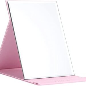 DUcare Leather Craft Makeup Mirror Free Standing Super HD Large Compact Mirror for Desk, Office, Home, Camping, Travel - Pink