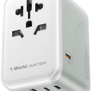 MOMAX Universal Travel Adapter, 70W GaN Travel Adapter with UK/EU/AU/US Plugs, 3USB-C PD & 2USB-A QC International Adapter Charger,Adapter Plug for Laptops Tablets Phones Vision Pro 1-World