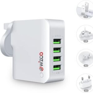 WIZCO USB Charger Plug, 4-Port USB Universal Travel Adaptor Plug, 22W/5V 4.4A Wall Charger with UK/USA/EU/AUS Worldwide Travel Charger Adapter for iPhone, iPad, Android, Tablets and More