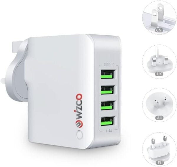 WIZCO USB Charger Plug, 4-Port USB Universal Travel Adaptor Plug, 22W/5V 4.4A Wall Charger with UK/USA/EU/AUS Worldwide Travel Charger Adapter for iPhone, iPad, Android, Tablets and More
