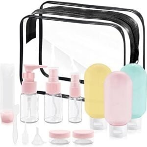 Travel Bottles Set for Toiletries, 14PCS Leakproof Travel Size Container, Refillable Liquid Empty Containers with Bag, Squeezable Makeup Pots with Label for Shampoo, Conditioner, Lotion, Toiletries