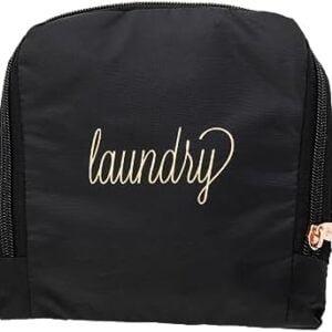 Miamica Foldable Travel Laundry Bag, Lightweight Travel Accessories, Black & Rose Gold, One Size, Laundry Script