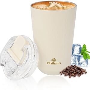 Philorn Coffee Cup, 380ml Insulated Coffee Mug with Leakproof Lid- Reusable Travel Coffee Mug for Hot and Cold Drinks, White Vacuum Stainless Steel Coffee Tumbler with Double Wall