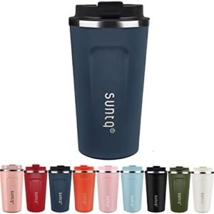 SUNTQ Reusable Coffee Cups Travel - Coffee Travel Mug with Leakproof Lid - Thermal Mug Insulated Cup - Stainless Steel Travel Cup with Rubber Grip - for Hot and Cold Drinks (Dark Blue, 18oz/510ml)