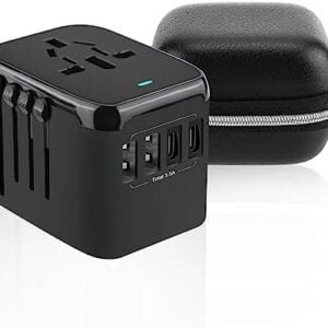 Wordwide Travel Adapter with Leather Carry Case, Universal Travel Adaptor International Travel Plug Smart 2USB C and 2 USB A Ports Wall Charger, AC Outlet Plugs Adapters for Europe, UK, US, AU (Black)