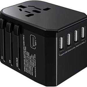 Universal Travel Adapter Travel Plug, Worldwide Travel Adapter with 4 USB Ports + 3.0A Type-C Fast Charge+ Universal AC Socket, International Travel Charger for UK USA EU AUS 200+ Countries