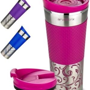 ARVESTRIX Travel Mug | Thermos Mug | Coffee Flask Travel Mug | Travel Mugs for Hot Drinks | Travel Mug Leakproof | Stainless Steel Insulated Coffee Cup | Double Walled Coffee Mug | 450ml (Pink)