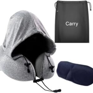 Carry Memory Foam Travel Neck Pillow with Eyes Mask and Ear Plugs, Suitable for airplane, cars trains, soft travel cushion with hooded for sleeping (Grey)