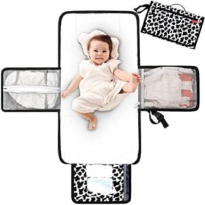 Lekebaby Nappy Changing Mat Portable Changing Mat Baby Travel Change Mat with Wipe-Pocket and Head Cushion, Cow Stria