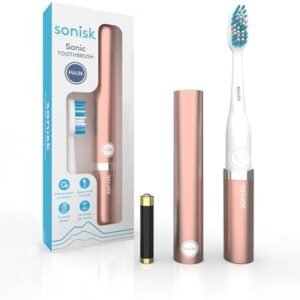 Sonisk Pulse | Battery Powered Electric Toothbrush | Portable Travel Size with Antimicrobial Sonic Technology | 1x Battery, 2X Brush Heads, 1x Travel Case Included (Rose Gold)