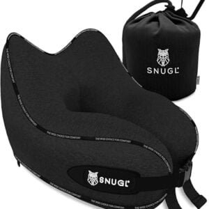 SNUGL Travel Pillow - Memory Foam Neck Cushion - Flight Pillow | Support Neck Pillow for Travel | Travel Neck Pillow for Airplane with Carry Bag & Clip | Flying Travel Essentials (Black - Small)