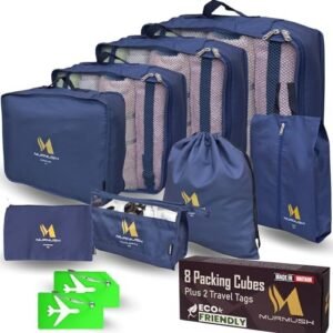 Murmush Eco Packing Cubes for Suitcases 8 PCS + 2 Tags, YKK Zip Suitcase Organiser Bags, Labelled Packing Cubes for Backpack, Ox Fabric Travel Organiser Packing Bags, Travel Cubes for Suitcases, Blue