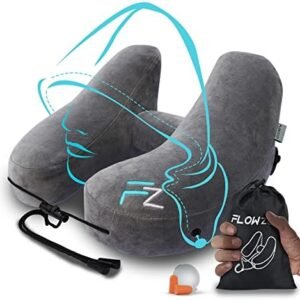 FLOWZOOM AIR Inflatable Travel Pillow for Airplane - Hooded Neck Pillow for Travel - Inflatable Travel Neck Pillow - Plane Pillow - Neck Cushion - Flight Pillow - Travel Neck Pillows for Adults – Grey