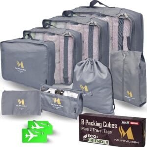 Murmush Eco Packing Cubes for Suitcases 8 PCS + 2 Tags, YKK Zip Suitcase Organiser Bags, Labelled Packing Cubes for Backpack, Ox Fabric Travel Organiser Packing Bags, Travel Cubes for Suitcases, Grey