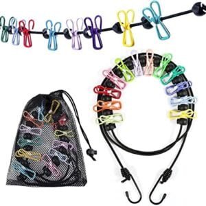 Portable Travel Washing Line, 12 Colorful Clips and Gray Bag, Windproof, Waterproof, Elastic Retractable, Resuable Indoor Drying Clothes Line & Outdoor Travel Camping Accessories