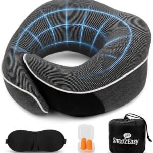 SnoozEasy™ Travel Pillow for Adults | Memory Foam 360 Degree Neck Support with Removable Pillow Case | Includes Travel Bag, Eye Mask and Ear Plugs | Dark Grey | UK Brand