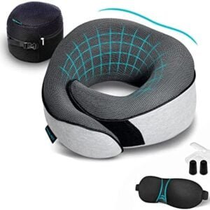 Proglobe Travel Pillow, Memory Foam Neck Pillow Set, Orthopedic Pillow, Travel Essentials for Flying, Travel Kit with 3D Contoured Sleep Mask, Earplugs and Luxury Mesh Bag (Grey)