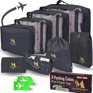 Murmush Eco Packing Cubes for Suitcases 8 PCS + 2 Tags, YKK Zip Suitcase Organiser Bags, Labelled Packing Cubes for Backpack, Ox Fabric Travel Organiser Packing Bags, Travel Cubes for Suitcases, Black